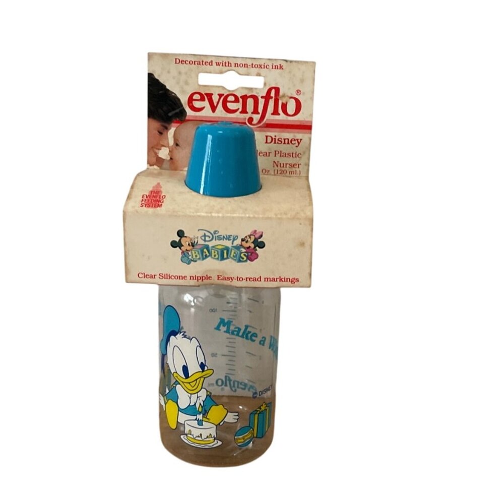 Vtg Evenflo Disney Babies Donald Duck Nursery Bottle 4 Oz Clear Plastic w Cap